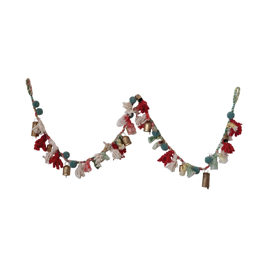 Handmade wool and cotton garland with colorful pom poms, tassels, and antique gold metal bells, 72 inches long, hanging holiday decoration.