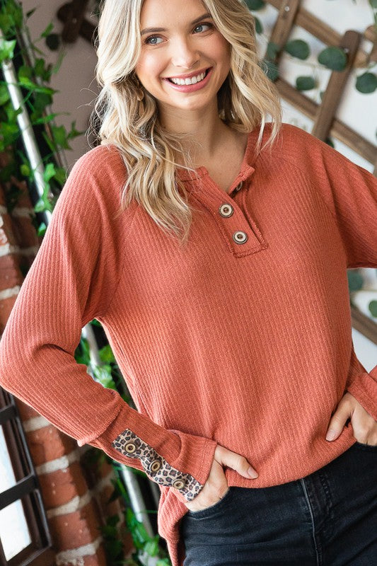 Ribbed Top with Button Front and Animal Pint Detail on Sleeve