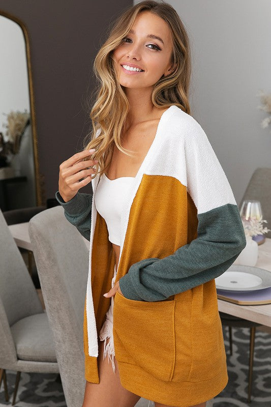 fall color block cardigan with pockets for women