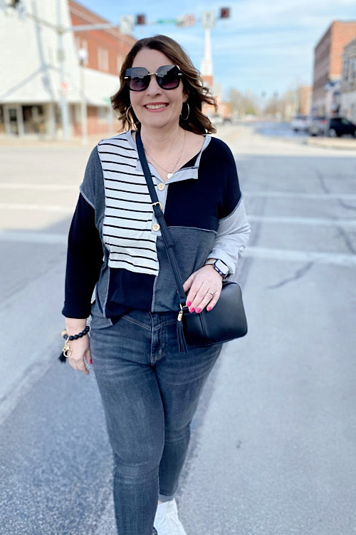 color block grey and black long sleeve top for a great day out