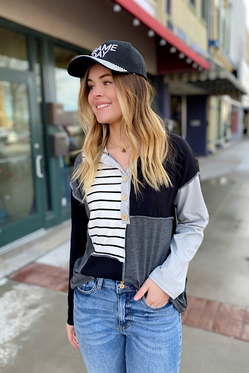 Bibi color block long sleeve top in black and grey