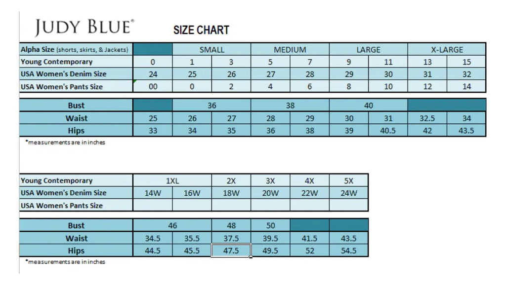 Judy blue Size Chart