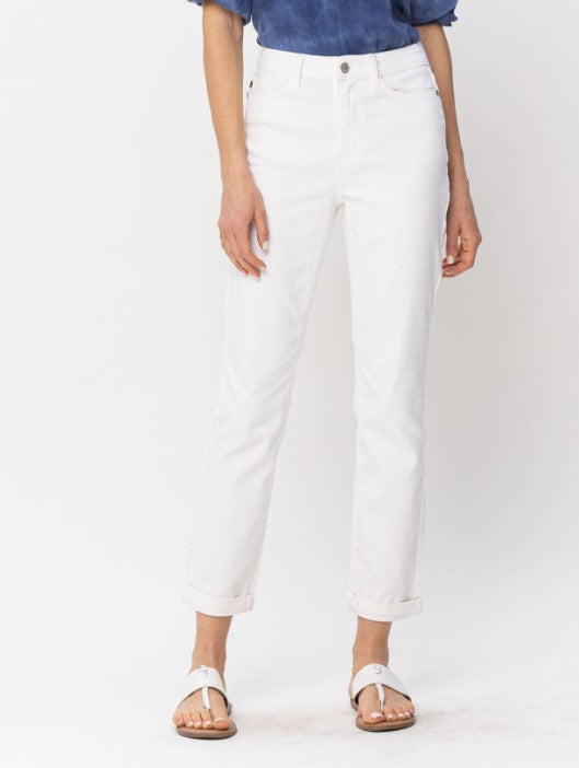 Judy Blue White High Waist Double Cuff Boyfriend Fit Jeans - 88675, available in sizes 0 - 24W.