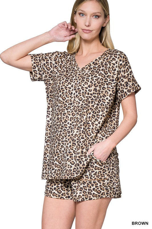 brown leopard top and shorts set worn by a woman 